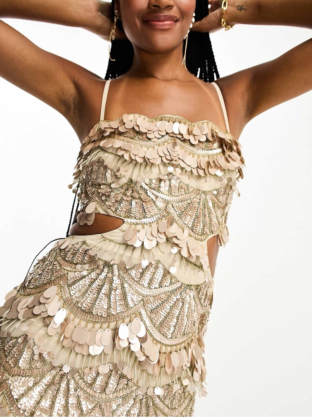 ASOS Champagne Sequin & Disc Embellished Backless Cutout Maxi Dress Tall - Picture 2 of 12